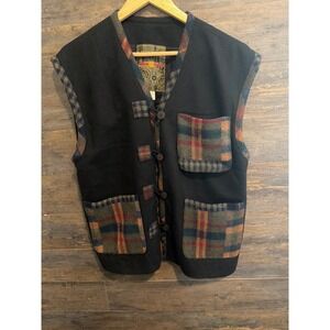American Worker Vintage Plaid Trim Wool Blend Vest Mens Medium Black Multi Pckt